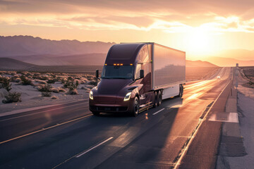 A brown semi truck with a white trailer driving on an open highway in the desert at sunset.