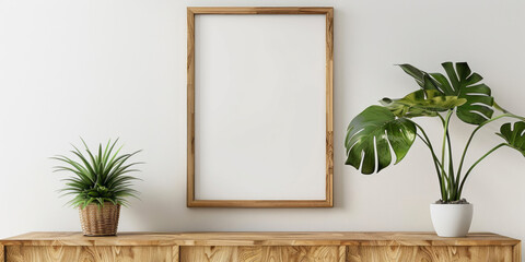 A blank wooden frame is hanging on the wall above an elegant oak sideboard, with a potted monstera plant adding life to the space, set against a white background.