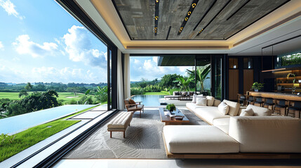 Natural green shade living room of a house resort by golf grassland