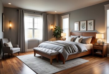 cozy bedroom scene with soft gray bedding, warm wooden flooring, and backlit panels that give off a gentle glow.