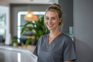 A beautiful female dentist in her late thirties, wearing grey scrubs, smiling softly while standing inside of an elegant office space with modern decor.