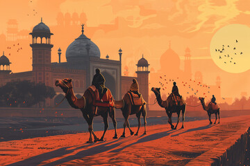 Traditional Mughal, camel caravan, vector style