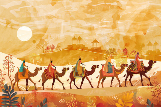 Traditional Mughal, camel caravan, vector style
