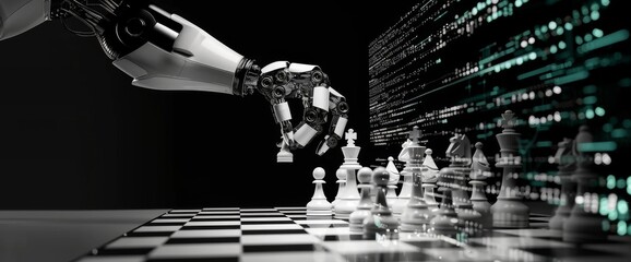 Digital art of a robot arm playing chess, in black and white with a digital background showing data streams on the right side