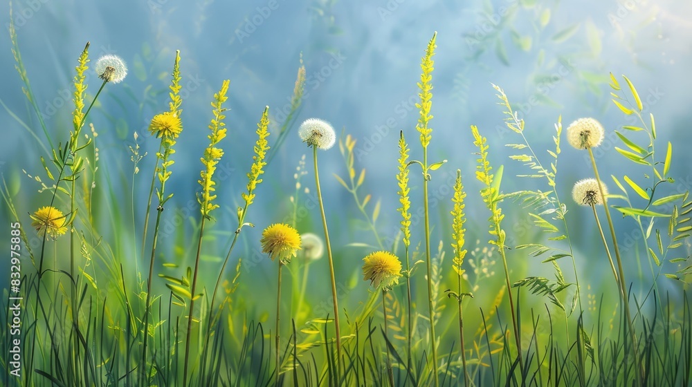 Poster dandelions and horsetails in a spring setting
