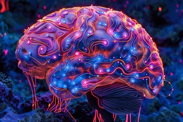 A digital art piece of a brain with circuits, representing AI in education, neon colors, high detail