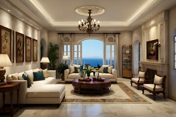 Fototapeta premium Cozy fireplace in a Mediterranean farmhouse living room.