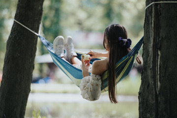 A young girl with a ponytail relaxes in a blue hammock tied between two trees, eating an apple on a...