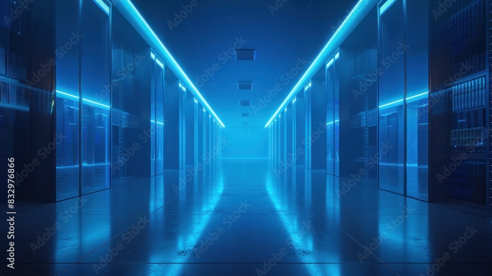 Poster mysterious corridor of blue lights in dark server room with rows of servers for technology business 