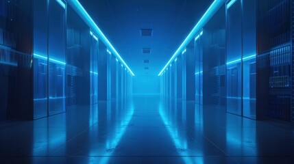 Mysterious corridor of blue lights in dark server room with rows of servers for technology business concept