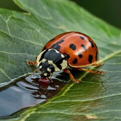 Fototapeta premium A ladybug is drinking water on a leaf