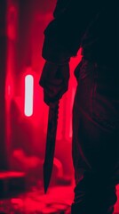 Close-up view of a man holding a knife under a red light, crime concept