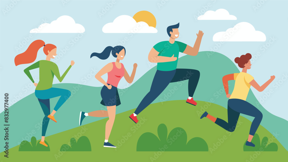 Poster a group of friends enjoys a highintensity interval training session on the hillside sprinting up and