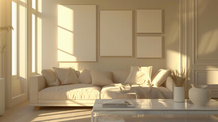 Beige Living Room with Sunlight for Interior Design and Minimalism
