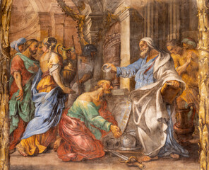 PERUGIA, ITALY - MAY 18, 2024: The baroque fresco of  Baptism of St. Paul the Apostle in church...