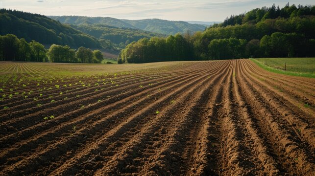 A peaceful field - rows of freshly ploughed earth, carefully prepared for planting next season's crop, symbolising the promise of growth and the cyclical nature of agricultural life.