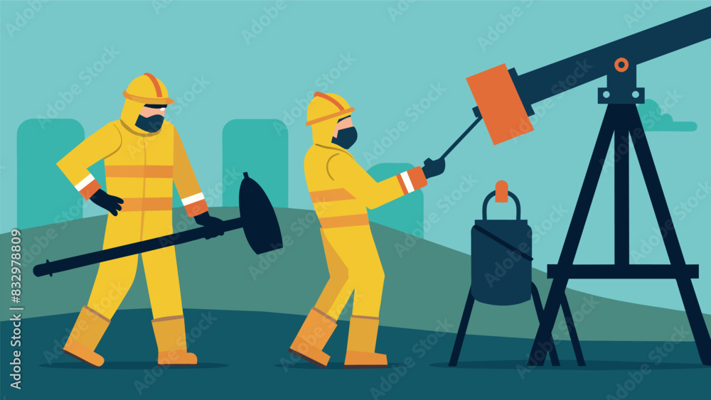 Poster two technicians wearing gas masks and protective suits slowly lowering a long pipe into the heart of