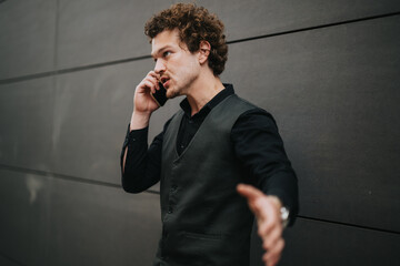 A businessman in a black vest stands against a modern wall while talking passionately on the phone,...