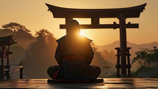 Relax Silhouette samurai and ninja in beautiful sanset