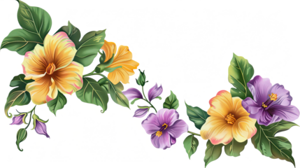 A colorful bouquet of blooming flowers isolated on a white background, featuring vibrant petals in shades of yellow, purple, pink, and violet