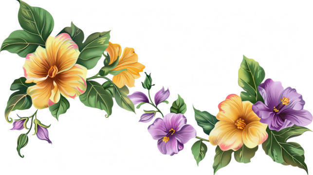 A colorful bouquet of blooming flowers isolated on a white background, featuring vibrant petals in shades of yellow, purple, pink, and violet