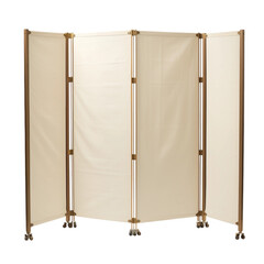 a natural canvas and mesh room dividing screen in the style of art deco, shown on a blank white background, inspired by quiet japanese minimalism, nomadic, campaign