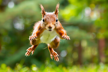 A red squirrel jumps and poses in the forest, looking at the camera. Isolated on a green background, it represents wildlife and nature photography.