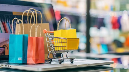 Shopping cart with paper bags on laptop. Online shopping concept.