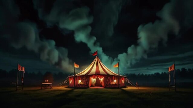 A large circus tent stands alone in a field under a cloudy night sky, creating an eerie and magical atmosphere.