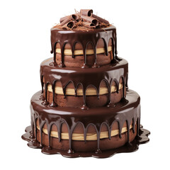a three tier dark chocolate cake on top on an isolated white background