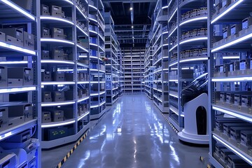 A high-tech, automated warehouse with rows of towering shelves and whirring robots.