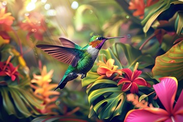 Colorful Hummingbird Among Exotic Flowers
