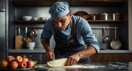 young baker working on kitchen background