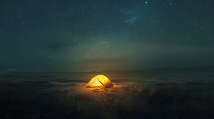 tent is lit up on the field with stars above, in the style of dark yellow and light beige, photo-realistic landscapes, national geographic photo, 8k resolution, realistic