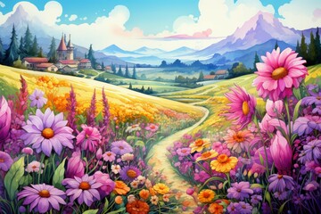 Obraz premium Summer flower fields - Generative AI