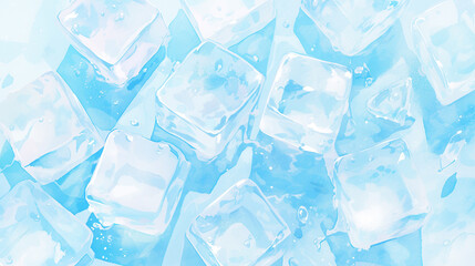 Obraz premium 涼し気な水色の四角い氷の水彩イラスト背景