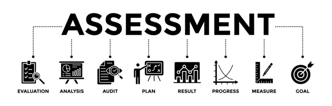 Assessment banner icons set accreditation and evaluation method on business and education with glyph style icon