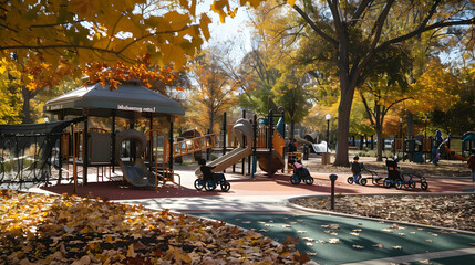 An inclusive playground with accessible equipment designed for children of all abilities, surrounded by autumn foliage