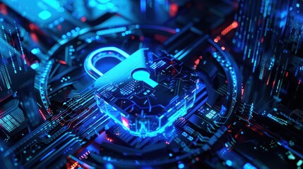 Fototapeta premium Abstract Blue Padlock on Futuristic Background with Digital Cyber Security Concept Vector Illustration Concept Web Banner Design Template for Website and Mobile Site Layout.