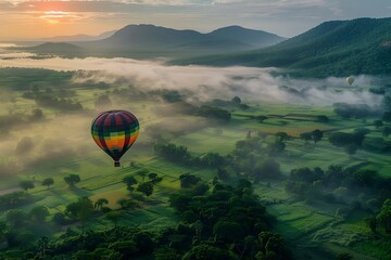 A hot air balloon drifting peacefully over a lush green valley shrouded in mist at sunrise