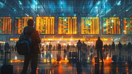 Fototapeta premium A man is standing in a busy airport with a large crowd of people. He is wearing a backpack and looking at the large electronic board. Scene is busy and bustling
