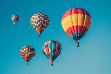 A hot air balloon festival with colorful balloons soaring majestically against a clear blue sky