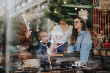 Group of professionals in a modern coffee shop using technology to brainstorm ideas and analyzing reports for business growth and success.