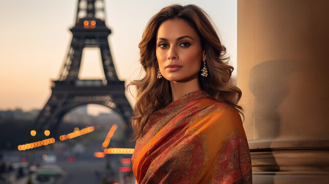 Elegant Woman in Paris Wearing Indian Sari