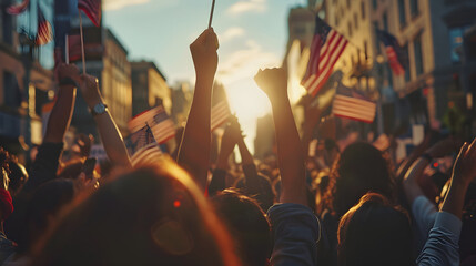 A crowd of people holding USA flags and cheering on a demonstration