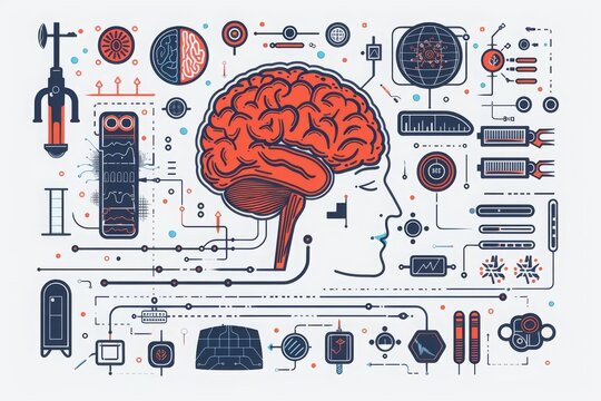 Futuristic illustration of brain science with various scientific and technological elements, highlighting human innovation in neuroscience.