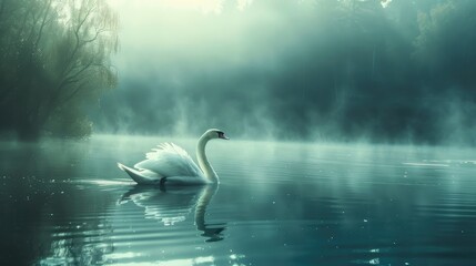 A white swan is gliding across the lake