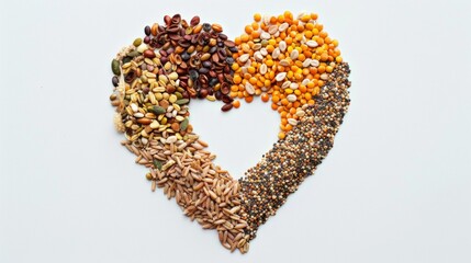 Wheat grains in the shape of a heart on a white background