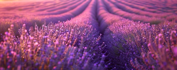 A picturesque lavender field at sunset, with rows of fragrant flowers stretching towards the...