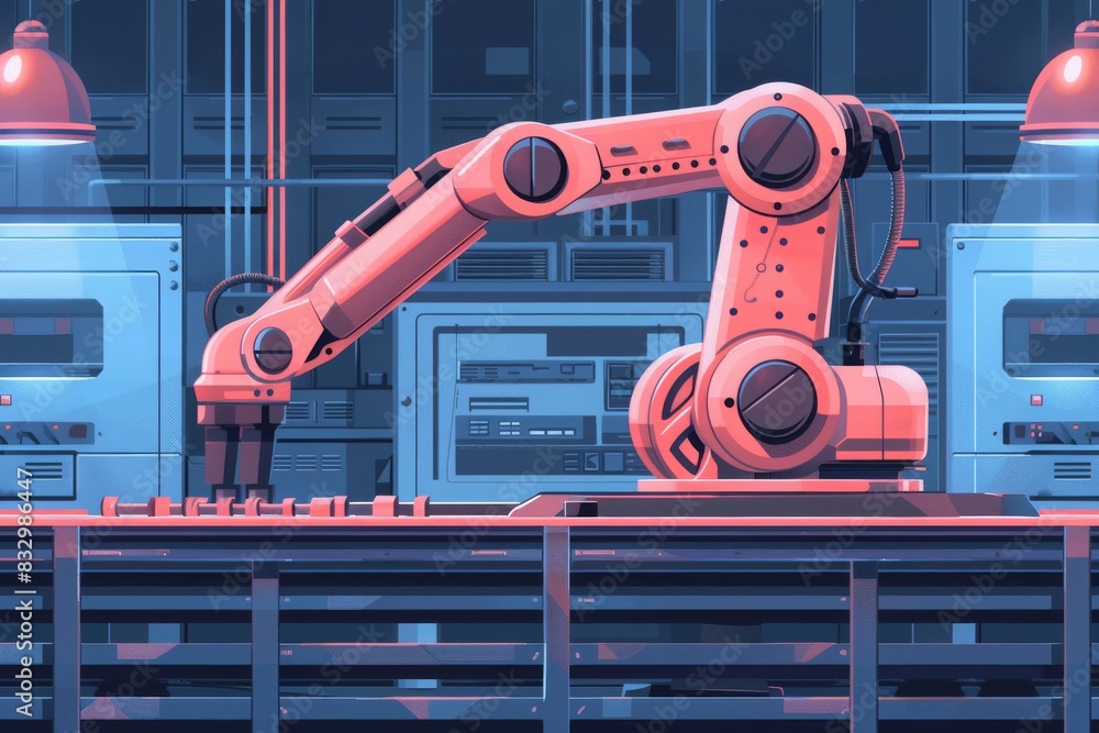 Poster futuristic robotic arm in a high-tech factory setting, showcasing advanced automation and precision 